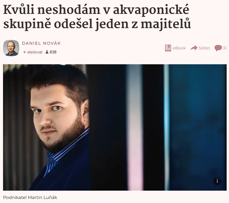Článek na Seznam Zprávách o odchodu Martina Luňáka z akvaponické skupiny