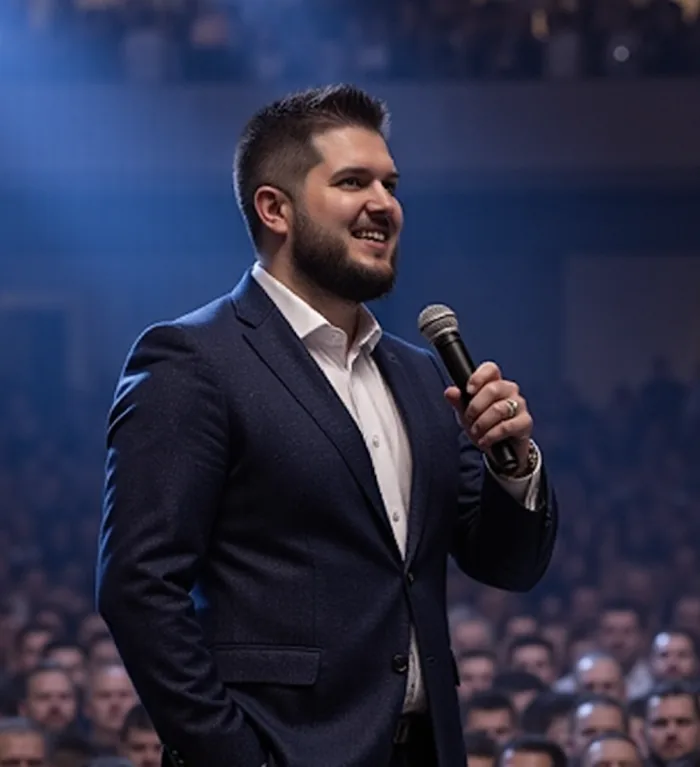 Martin Luňák na pódiu před zaplněným sálem
